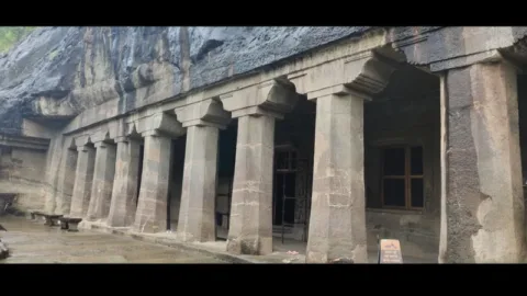 Pillared verandahs of the caves along the Ajanta cliff