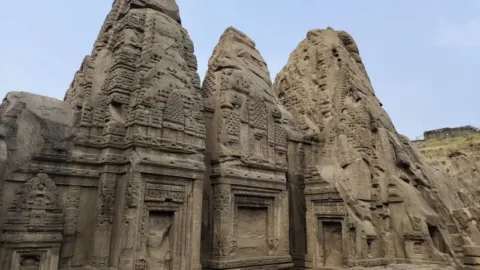 Carved shikharas at Masroor